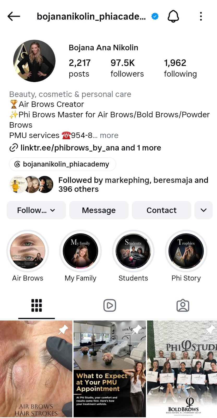Instagram profile preview for a PMU and beauty artist